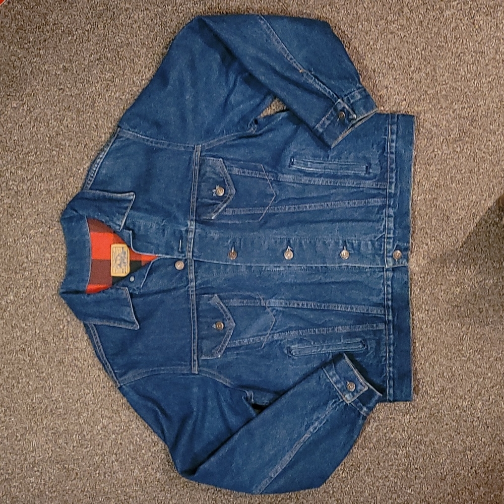 Plain Pockets Plaid Lining Denim Blue Jean Jacket